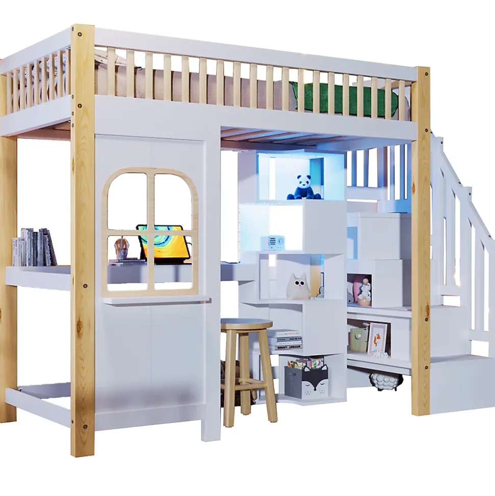 Lit superposé 90x200 cm avec bureau intégré, éclairage LED et échelle à rangements, blanc et bois naturel