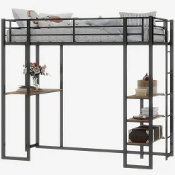 Lit superposé 90x190 cm avec bureau intégré et échelle bilatérale, structure métal noire gain de place