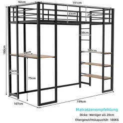 Lit superposé 90x190 cm avec bureau intégré et échelle bilatérale, structure métal noire gain de place