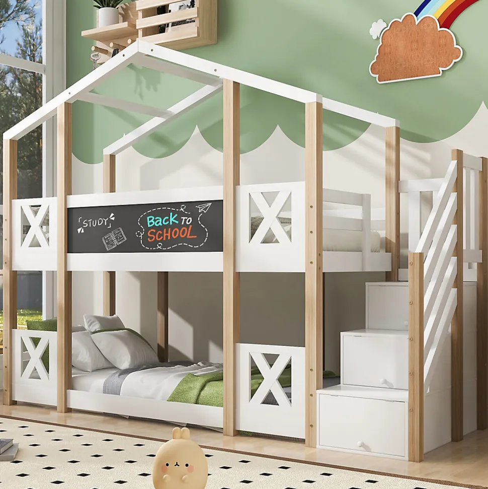 Lit superposé 90x200 cm avec échelle-rangement et tableau 110x26 cm, structure pin massif et panneaux en blanc/naturel