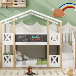 Lit superposé 90x200 cm avec échelle-rangement et tableau 110x26 cm, structure pin massif et panneaux en blanc/naturel
