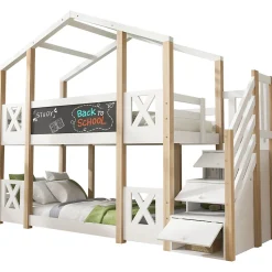 Lit superposé 90x200 cm avec échelle-rangement et tableau 110x26 cm, structure pin massif et panneaux en blanc/naturel