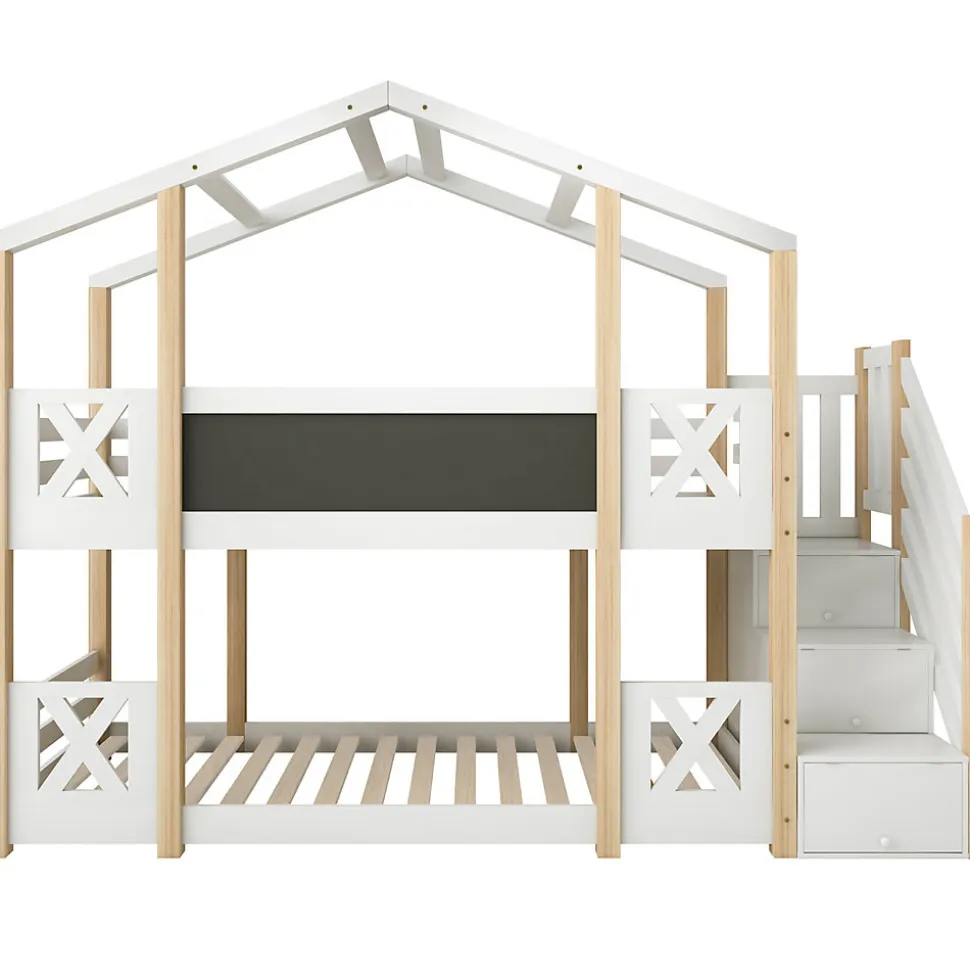 Lit superposé 90x200 cm avec échelle-rangement et tableau 110x26 cm, structure pin massif et panneaux en blanc/naturel