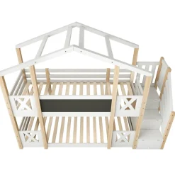 Lit superposé 90x200 cm avec échelle-rangement et tableau 110x26 cm, structure pin massif et panneaux en blanc/naturel