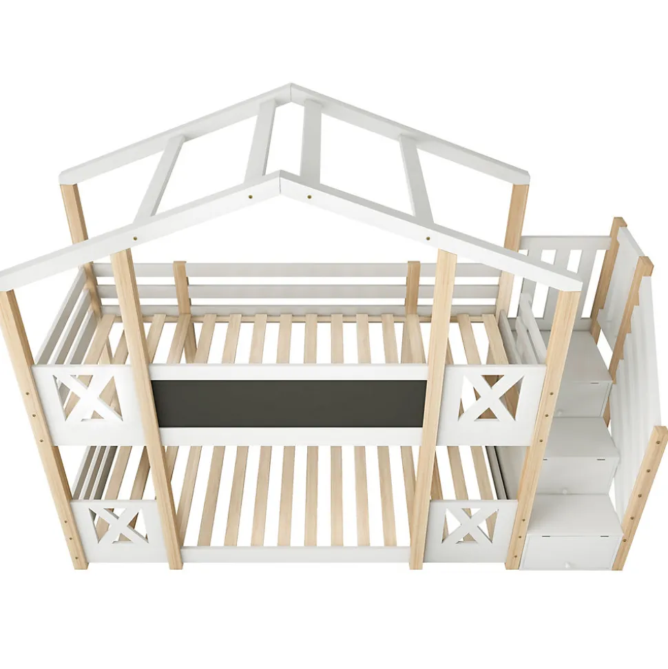Lit superposé 90x200 cm avec échelle-rangement et tableau 110x26 cm, structure pin massif et panneaux en blanc/naturel