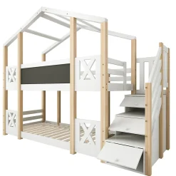 Lit superposé 90x200 cm avec échelle-rangement et tableau 110x26 cm, structure pin massif et panneaux en blanc/naturel
