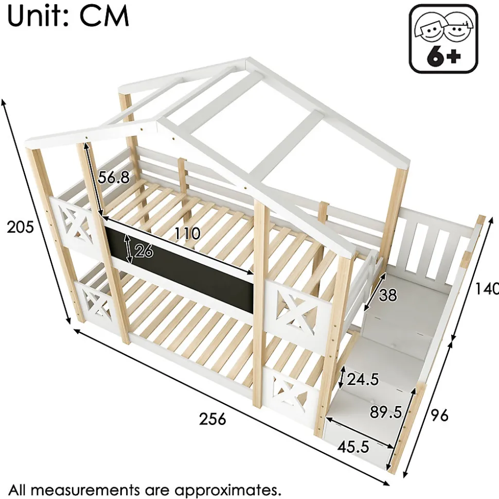 Lit superposé 90x200 cm avec échelle-rangement et tableau 110x26 cm, structure pin massif et panneaux en blanc/naturel