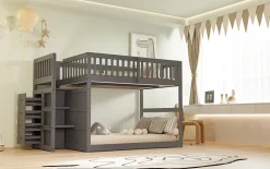 Lit superposé 140x200 cm avec échelle sécurisée et 4 tiroirs de rangement, structure bois gris