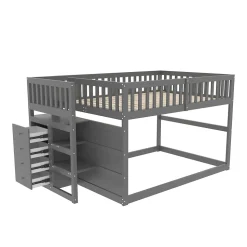 Lit superposé 140x200 cm avec échelle sécurisée et 4 tiroirs de rangement, structure bois gris