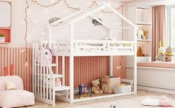 Lit superposé 90x200 cm avec échelle de sécurité et grand rangement, structure en bois massif blanc