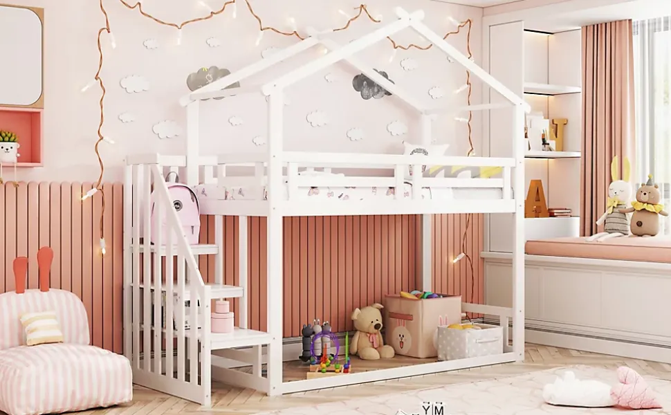 Lit superposé 90x200 cm avec échelle de sécurité et grand rangement, structure en bois massif blanc