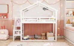 Lit superposé 90x200 cm avec échelle de sécurité et grand rangement, structure en bois massif blanc