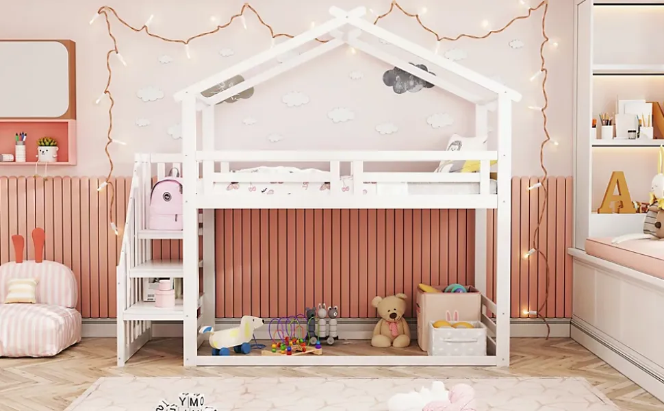 Lit superposé 90x200 cm avec échelle de sécurité et grand rangement, structure en bois massif blanc