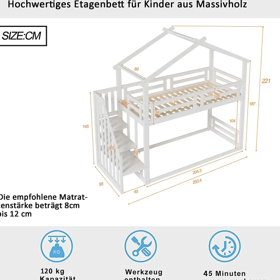 Lit superposé 90x200 cm avec échelle de sécurité et grand rangement, structure en bois massif blanc