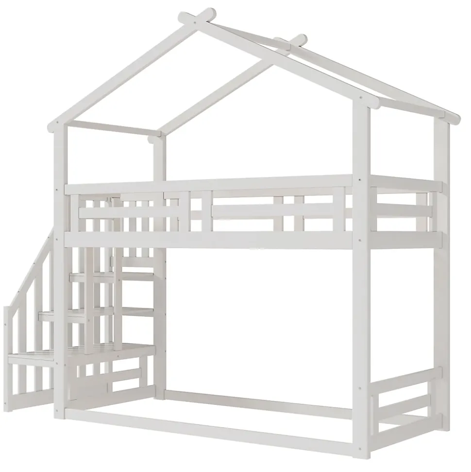 Lit superposé 90x200 cm avec échelle de sécurité et grand rangement, structure en bois massif blanc