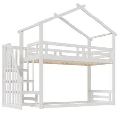 Lit superposé 90x200 cm avec échelle de sécurité et grand rangement, structure en bois massif blanc