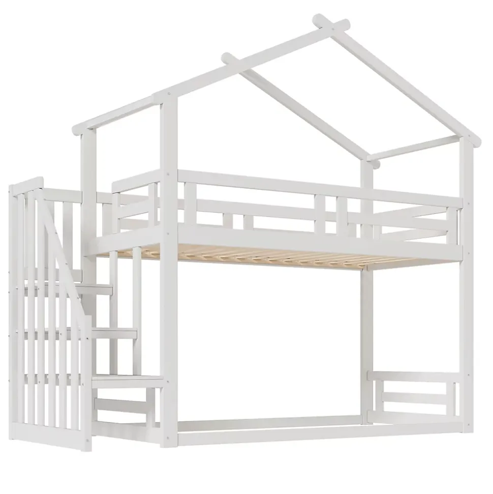 Lit superposé 90x200 cm avec échelle de sécurité et grand rangement, structure en bois massif blanc