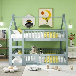 Lit superposé 140x200 cm avec échelle intégrée et structure en bois massif, design loft gris