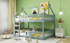 Lit superposé 140x200 cm avec échelle intégrée et structure en bois massif, design loft gris