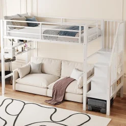 Lit superposé 90x200 cm avec échelle intégrée et rangements, structure métal blanc design contemporain gain de place