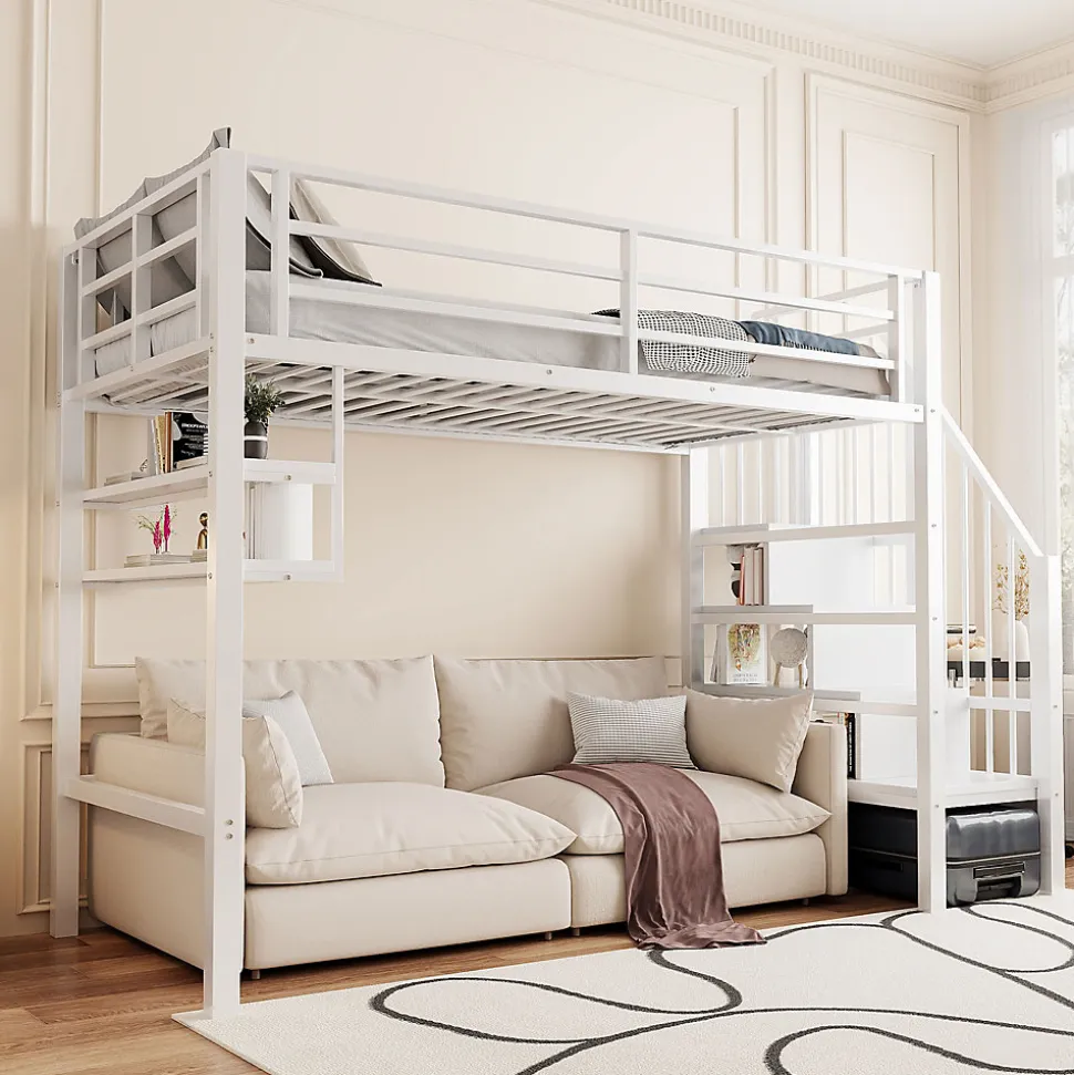 Lit superposé 90x200 cm avec échelle intégrée et rangements, structure métal blanc design contemporain gain de place