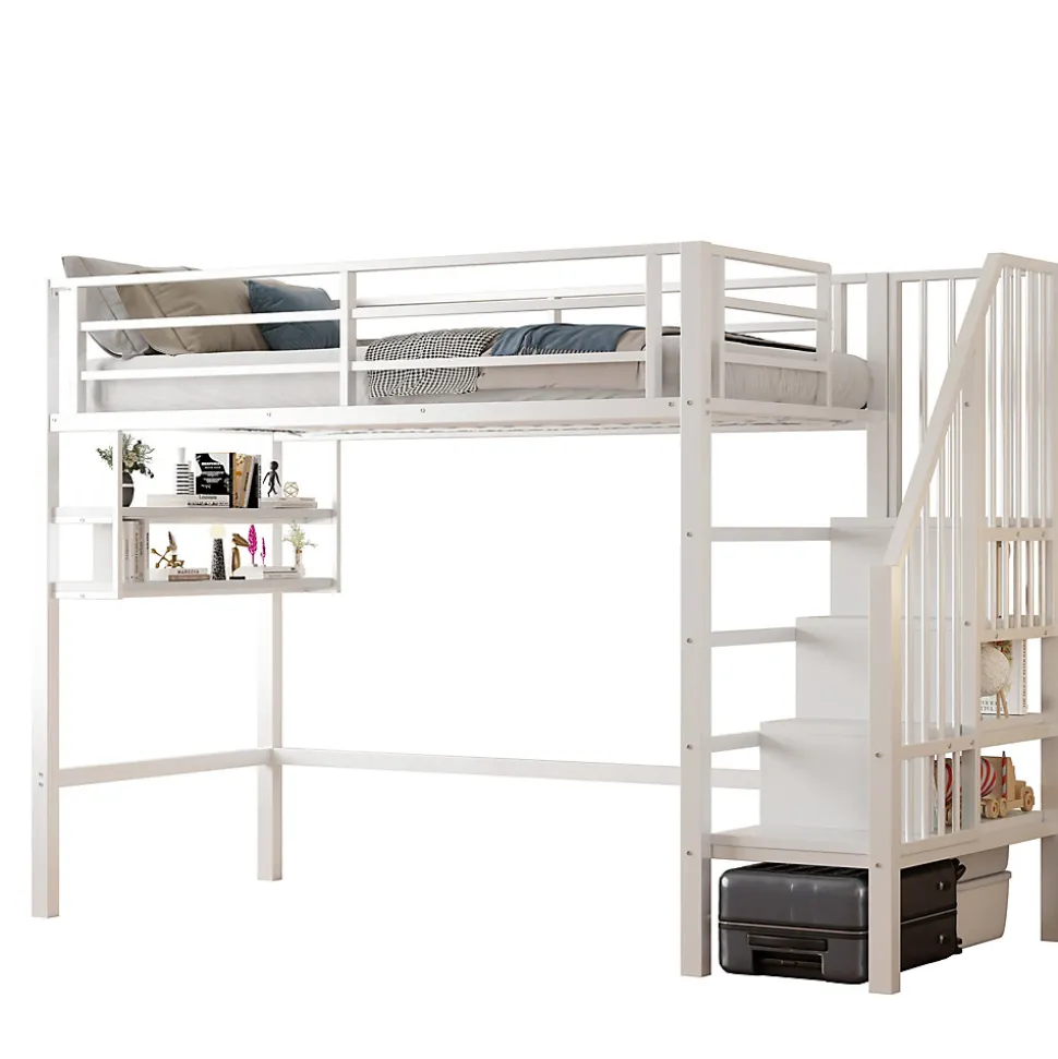 Lit superposé 90x200 cm avec échelle intégrée et rangements, structure métal blanc design contemporain gain de place