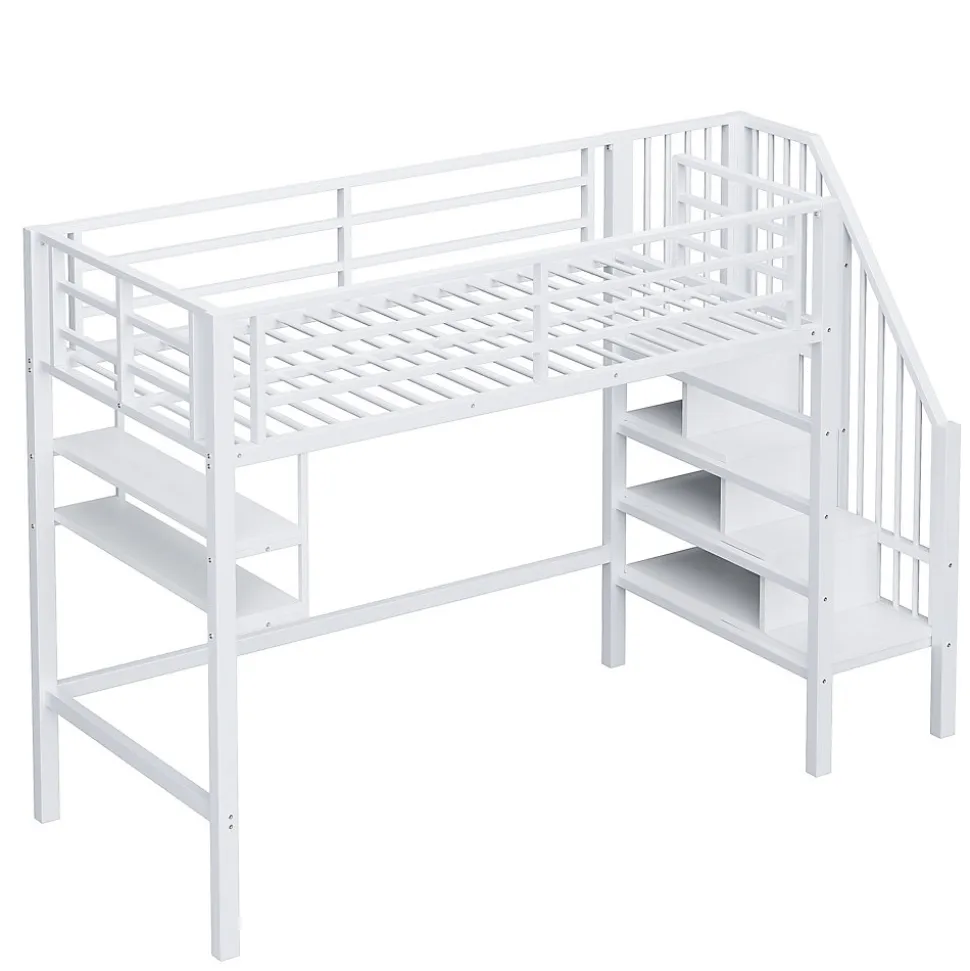 Lit superposé 90x200 cm avec échelle intégrée et rangements, structure métal blanc design contemporain gain de place