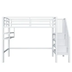 Lit superposé 90x200 cm avec échelle intégrée et rangements, structure métal blanc design contemporain gain de place