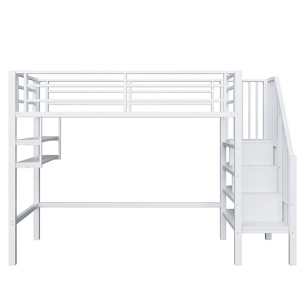 Lit superposé 90x200 cm avec échelle intégrée et rangements, structure métal blanc design contemporain gain de place