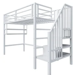 Lit superposé 90x200 cm avec échelle intégrée et rangements, structure métal blanc design contemporain gain de place