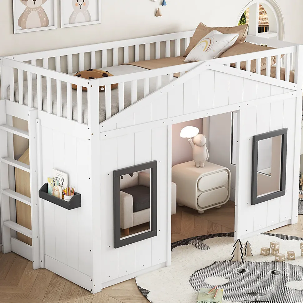 Lit superposé 90x200 cm avec escalier intégré, cabane décorative et structure en pin/MDF, gain de place