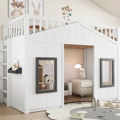 Lit superposé 90x200 cm avec escalier intégré, cabane décorative et structure en pin/MDF, gain de place