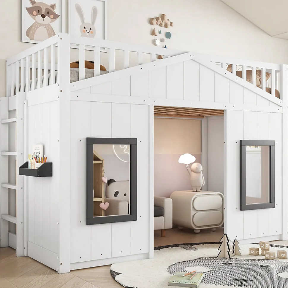 Lit superposé 90x200 cm avec escalier intégré, cabane décorative et structure en pin/MDF, gain de place