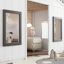 Lit superposé 90x200 cm avec escalier intégré, cabane décorative et structure en pin/MDF, gain de place