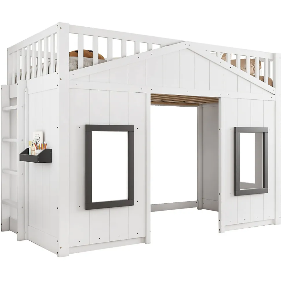 Lit superposé 90x200 cm avec escalier intégré, cabane décorative et structure en pin/MDF, gain de place