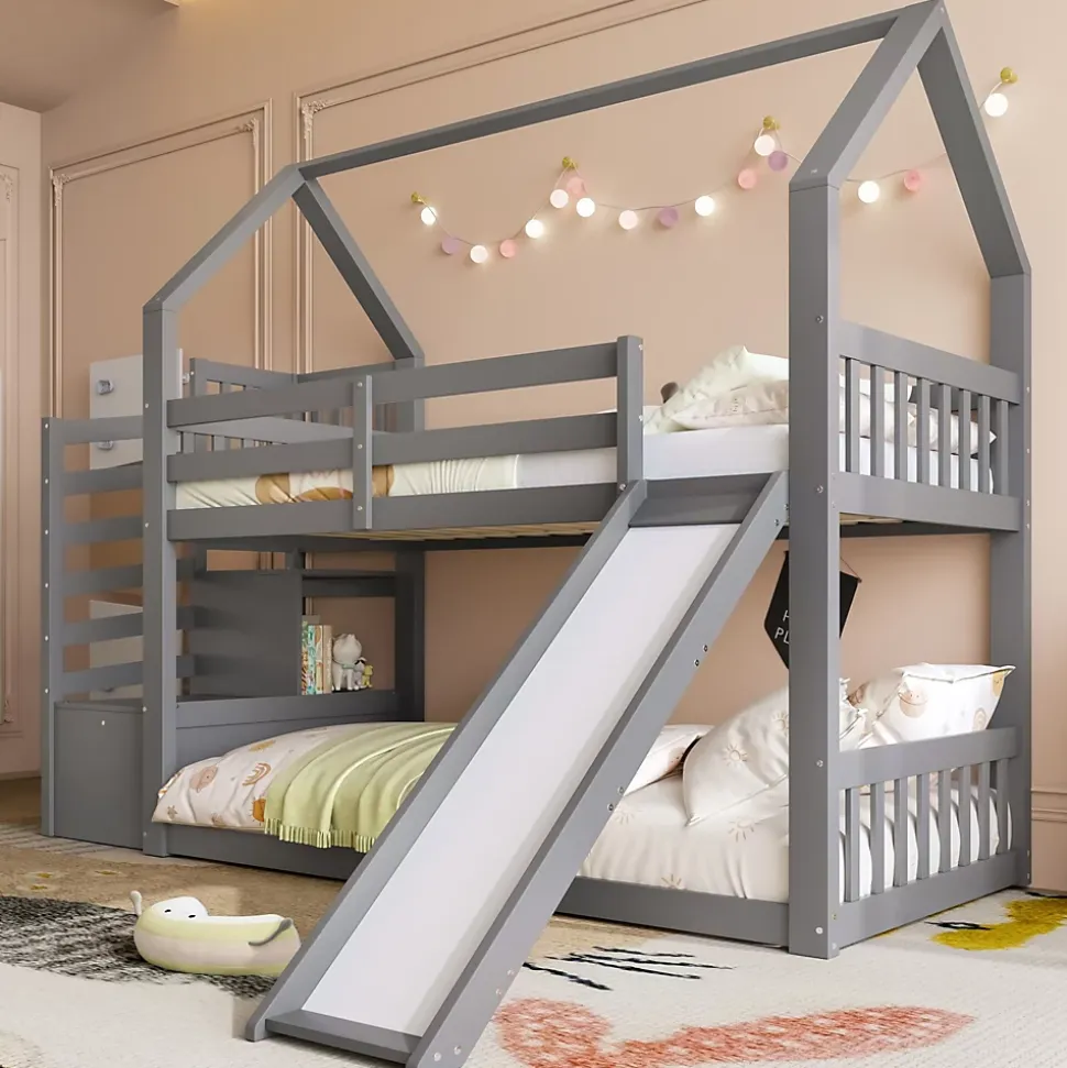 Lit superposé 90x200 cm avec escalier de rangement et toboggan, structure en pin et MDF, chambre enfant