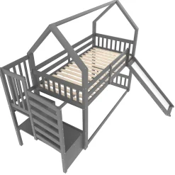 Lit superposé 90x200 cm avec escalier de rangement et toboggan, structure en pin et MDF, chambre enfant