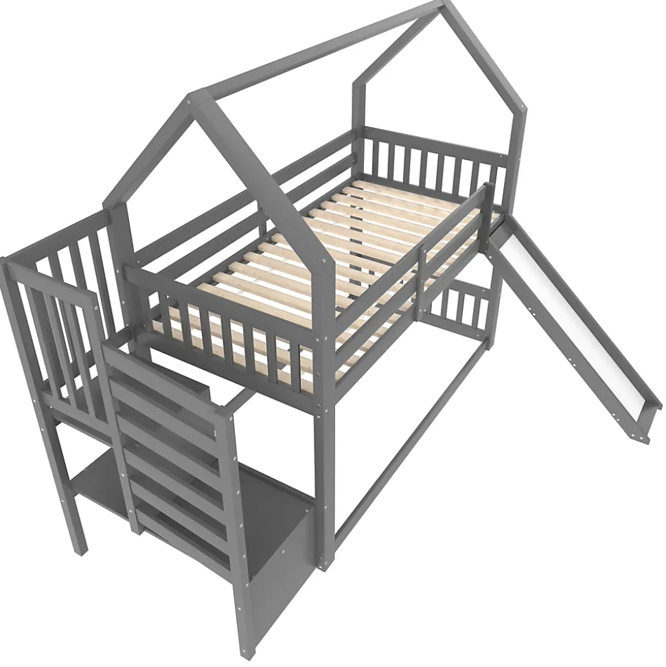 Lit superposé 90x200 cm avec escalier de rangement et toboggan, structure en pin et MDF, chambre enfant