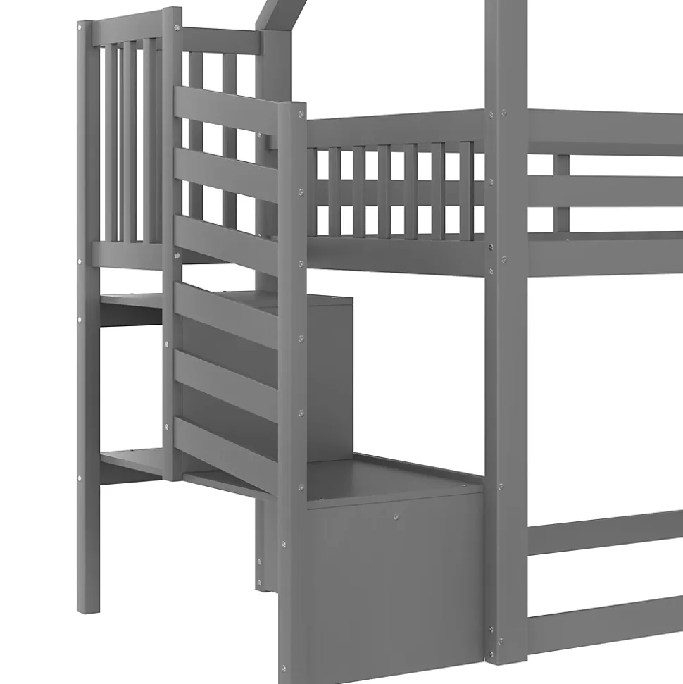 Lit superposé 90x200 cm avec escalier de rangement et toboggan, structure en pin et MDF, chambre enfant