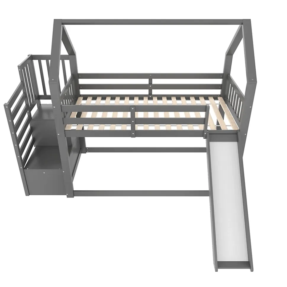 Lit superposé 90x200 cm avec escalier de rangement et toboggan, structure en pin et MDF, chambre enfant