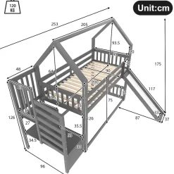 Lit superposé 90x200 cm avec escalier de rangement et toboggan, structure en pin et MDF, chambre enfant