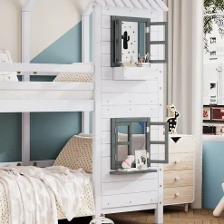 Lit superposé 90x200 cm avec fenêtres et échelle à main courante, structure en pin massif et MDF