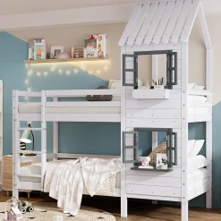 Lit superposé 90x200 cm avec fenêtres et échelle à main courante, structure en pin massif et MDF