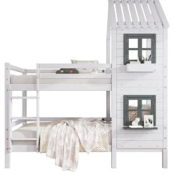 Lit superposé 90x200 cm avec fenêtres et échelle à main courante, structure en pin massif et MDF