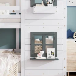 Lit superposé 90x200 cm avec fenêtres et échelle à main courante, structure en pin massif et MDF