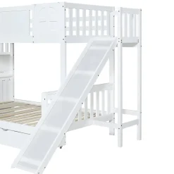 Lit superposé 90x200 cm, avec fenêtre, toboggan, étagères, 4 rangements, cadre bois