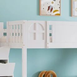 Lit superposé 90x200 cm, avec fenêtre, toboggan, étagères, 4 rangements, cadre bois