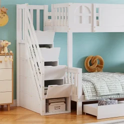 Lit superposé 90x200 cm, avec fenêtre, toboggan, étagères, 4 rangements, cadre bois