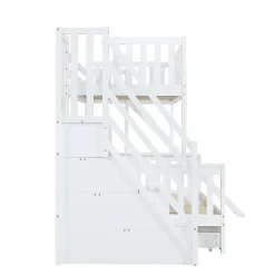 Lit superposé 90x200 cm, avec fenêtre, toboggan, étagères, 4 rangements, cadre bois