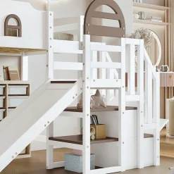 Lit superposé 90x200 cm, avec fenêtre, toboggan, 2 rangements dans l'échelle, blanc,marron